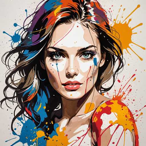 This image is a detailed, artistic rendering of a woman's face, neck, and shoulders, set against a light gray background. The woman, who has fair skin, is depicted with striking blue eyes and red lips. Her dark brown hair, which is wavy and falls to her shoulders, is adorned with vibrant splashes of blue, orange, and yellow paint. These same colors are splattered across her face and shoulders, creating a dynamic and colorful effect. Her face is partially illuminated, with the left side more brightly lit than the right. She wears a white top, and the splashes of paint extend over her shoulders and onto her clothing. The overall style of the image is reminiscent of a painting, with a focus on the interplay of light and color.