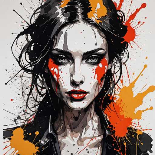 This image features a striking, computer-generated portrait of a woman with a distinctly gothic aesthetic. The artwork is predominantly in black and white, with vibrant splashes of red and orange paint adding dramatic accents. The woman has pale skin and intense gray eyes, framed by thick, dark eyebrows and long, dark eyelashes. Her lips are painted a vivid red, contrasting sharply with her monochromatic face. She wears a black jacket, and her dark hair is styled in a messy bun, with some strands falling over her face. The background is a light gray, and the image is filled with dynamic paint splatters—orange and red on her cheeks and forehead, and orange and yellow around her neck and shoulders. The overall effect is a hauntingly beautiful, almost ethereal portrait that captures the viewer's attention with its intricate details and bold use of color.