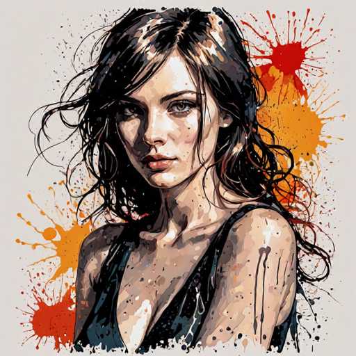 The image depicts a detailed painting of a woman with long, dark brown hair that cascades down her back, partially covering her left shoulder. She has striking blue eyes and a light complexion, with a hint of redness on her cheeks and lips. The woman is wearing a black, sleeveless dress that reveals her shoulders and upper chest, and she is looking directly at the viewer with a serious expression. The background is a light gray, adorned with vibrant paint splatters in shades of orange, red, and yellow, which add a dynamic and energetic feel to the composition. The painting style is somewhat abstract, with splashes of paint seemingly dripping off her shoulders, enhancing the overall artistic and expressive nature of the piece.