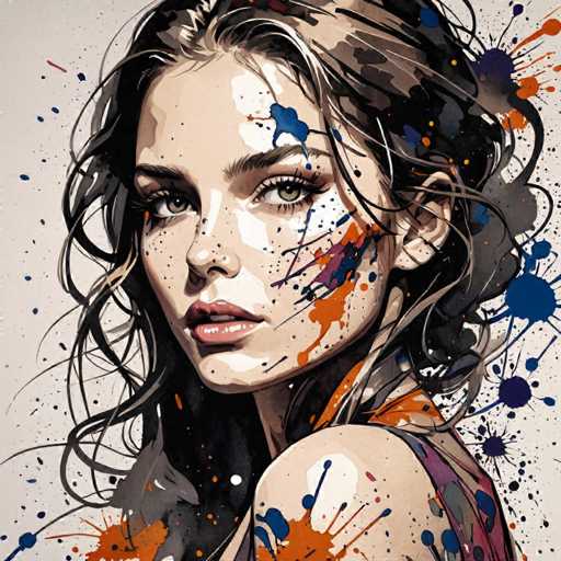 This image is a detailed, artistic rendering of a young woman, likely in her late teens or early twenties, with long, wavy brown hair that has hints of gray. Her hair is styled in a way that it flows down to her shoulders, with some strands tucked behind her ear. She has striking grayish-blue eyes and a light complexion, accentuated by her slightly open mouth, revealing her top teeth. Her face is adorned with freckles, particularly on her nose and cheeks, and she has a small mole on her left cheek. She is wearing a sleeveless top, possibly a dress, with a purple and gray pattern. The background is a light gray, and the image is embellished with vibrant paint splatters in shades of orange, blue, purple, and red, creating a dynamic and colorful effect. The overall style of the artwork is reminiscent of a comic book or graphic novel, with a focus on the woman's expressive features and the abstract paint splatters.