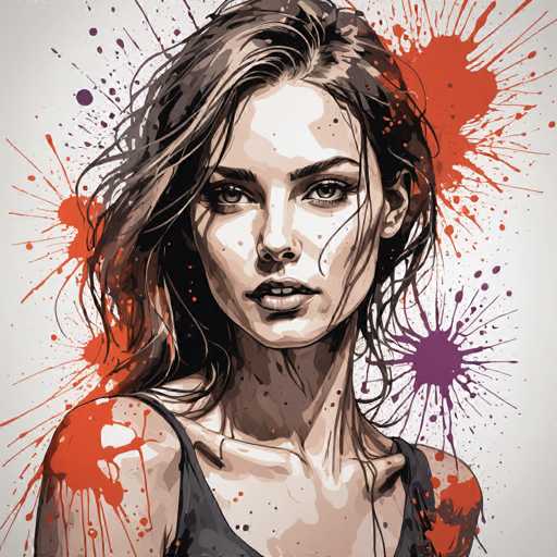 The image depicts a woman with long brown hair and dark eyes looking directly at the camera. She is wearing a black tank top against a white background speckled with splatters of red and orange paint. The painting style is realistic, capturing the woman's features in detail.