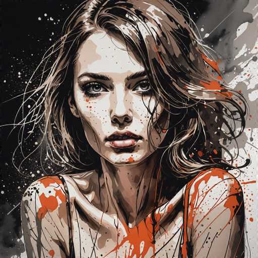 This image is a detailed, artistic drawing of a young woman, likely in her late teens or early twenties. She has long, wavy brown hair that flows down to her shoulders, with some strands appearing almost blonde. Her face is adorned with freckles, and she has striking blue eyes and full lips. She is wearing a white dress with thin straps, which is splattered with orange paint. The background is predominantly black, resembling a night sky filled with stars, and there are additional splashes of orange paint on the right side of the image. The woman's expression is serious, and she gazes directly at the viewer, creating a captivating and somewhat mysterious atmosphere.