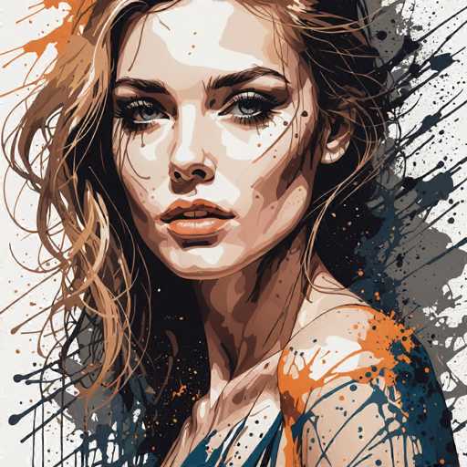 This image is a detailed painting of a young woman, likely in her early 20s, with a serious expression. She has long, wavy blonde hair that cascades down to her chest, with some strands falling over her face. Her striking blue eyes are framed by thick, dark eyebrows and long eyelashes. She has full lips painted in a light orange or peach color. The woman is depicted from the top of her head to just below her shoulders, with her left shoulder bare, suggesting she might be wearing a dress or top that drapes off her shoulder. The background is predominantly white, adorned with splashes of blue and orange paint, adding a dynamic and artistic touch to the composition. The overall style of the painting is realistic yet slightly abstract, with the woman's face being the focal point amidst the vibrant paint splatters.