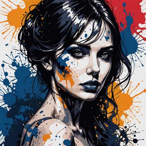 The image depicts a woman with dark hair and blue eyes wearing a black dress against a white background speckled with splatters of red, yellow, and orange paint. The painting style is realistic, focusing on the intricate details of the woman's face and body.