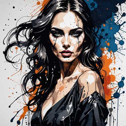 This image is a detailed, artistic painting of a woman with long, wavy black hair that appears to be blowing in the wind. She has striking blue eyes and is wearing a black, shiny dress that slips off her left shoulder, revealing a bit of cleavage. Her face is adorned with black streaks resembling tears or makeup, and she has red lips. The background is a light gray canvas splattered with vibrant colors of orange, blue, and black, creating a dynamic and expressive atmosphere. The woman is looking directly at the viewer, her head slightly tilted, giving the painting a captivating and intense feel.