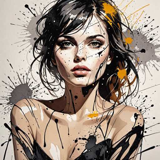 This image is a detailed painting of a woman with short, dark hair that appears slightly messy. She has a light complexion and is adorned with a black strap over her shoulder, suggesting she might be wearing a dress. Her striking features include large, dark eyes, a small nose, and full lips. The woman is looking directly at the viewer, creating a sense of engagement. The painting is set against a light gray background, which is decorated with splashes of black and gray paint, adding a dynamic and textured feel to the overall composition.