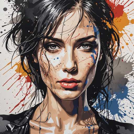 This image is a detailed painting of a woman with long, dark hair that appears to be either black or dark brown. Her hair is styled in a somewhat messy, updo, with some strands falling over her face. She has striking gray eyes and is wearing red lipstick. The woman is dressed in a black leather jacket, visible at the shoulders. The background is predominantly white, adorned with vibrant splashes of paint in various colors, including red, orange, blue, and gray. These paint splatters are scattered across the image, with notable splashes on the right side of her face and neck, and a large blue splotch on the right side of the image. The overall composition gives the painting a dynamic and artistic feel, with the woman's face and upper body as the central focus.