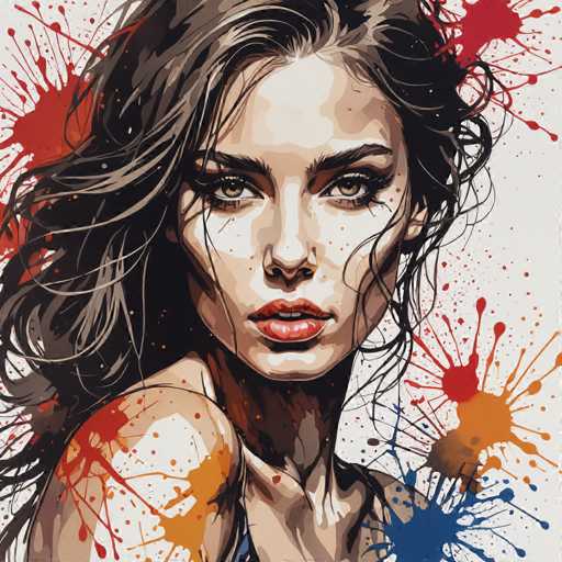 The image depicts a woman with long brown hair and dark eyes looking directly at the camera. The background is white, but it's splattered with red, blue, and orange paint splatters, creating an abstract and colorful backdrop for the portrait.