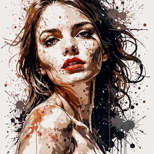 This image is a detailed painting of a woman with long, dark brown hair that appears to be blowing in the wind. Her face is turned towards the viewer, with her head slightly tilted back, giving a sense of confidence and strength. She has striking features, including dark brown eyes, thick eyebrows, and bright red lipstick that accentuates her slightly open mouth, revealing her top two teeth. Her skin is a mix of white and brown tones, with splashes of paint adding texture and depth. The background is a light gray, almost white, with splashes of paint in various colors, including gray, brown, and black, which create a dynamic and somewhat chaotic atmosphere. The woman is depicted from the top of her head to just below her shoulders, and she is wearing a sleeveless top, though the focus is primarily on her face and upper body. The overall style of the painting is somewhat abstract, with the paint splatters giving the image a vibrant and energetic feel.