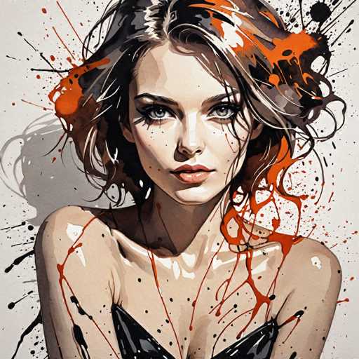 This image is a detailed painting of a young woman with a striking and somewhat surreal appearance. She has short, wavy brown hair with hints of orange and white highlights, which appears to be blowing in the wind. Her large, expressive gray eyes are framed by long eyelashes, and her full lips are painted a vivid red. The woman's face is adorned with freckles, adding to her unique charm. She is wearing a black dress that reveals her bare shoulders and upper chest, with the dress cut off just below her collarbone. The background is a light gray, and the painting is accentuated by splashes of orange paint, particularly noticeable on the right side of her head and on her shoulders. The overall composition gives the impression of a modern, artistic portrait with a touch of whimsy and drama.