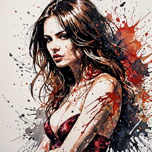This image is a detailed painting of a woman, likely in her late 20s to early 30s, with long, wavy brown hair that has highlights. She is depicted in a side profile, facing left, with her head turned slightly towards the viewer, allowing a partial view of her face. Her hair is full and voluminous, with some strands appearing to be blown back. She has a pale complexion and is wearing a red, low-cut dress that reveals her shoulders and chest. Her lips are painted a vivid red, and she has a serious expression on her face. The background is predominantly white, adorned with splashes of red, blue, and gray paint, creating a dynamic and artistic effect. The woman's arms are crossed in front of her, and the overall composition gives the impression of a modern, expressive portrait.