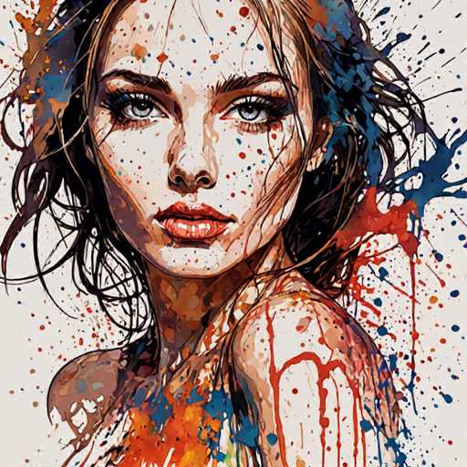 This image is a detailed painting of a woman with a serious expression, her head turned over her right shoulder. She has long, dark brown hair that appears to be blowing in the wind, with strands framing her face. Her eyes are a striking blue, and she has full, red lips. The woman is wearing a thin, strapless dress, though the painting cuts off just below her chest, making it difficult to see the full details of her attire. The background is a light gray, and the painting is adorned with vibrant splashes of red, blue, and orange paint, particularly around her face and hair, adding a dynamic and abstract quality to the piece. The overall style is reminiscent of a watercolor, with the paint splatters creating a sense of movement and energy.