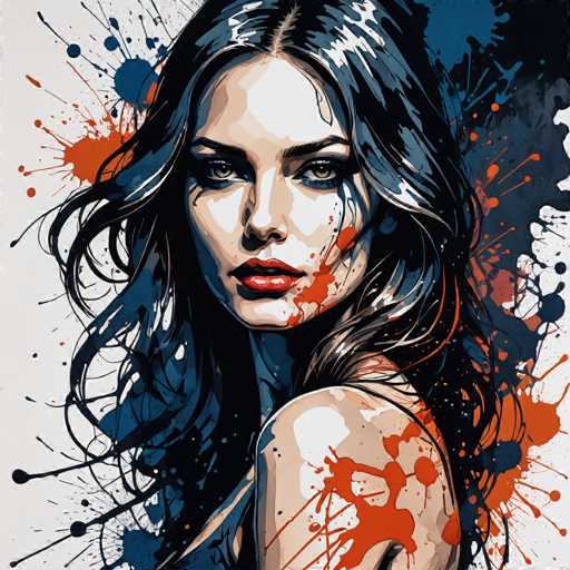 This image is a detailed, artistic painting of a woman with long, wavy black hair that cascades down to her waist. Her hair is interspersed with streaks of blue and white, adding depth and texture. She has striking green eyes and full red lips, with a slight smile that reveals her top teeth. The woman is depicted from the shoulders up, with her left shoulder bare, suggesting she might be wearing a strapless dress or top. The background is a dynamic mix of white, blue, and orange paint splatters, creating a vibrant and energetic atmosphere. The splatters of paint are particularly prominent around her, with orange splatters extending from her left cheek and blue splatters on the right side of her face. The overall composition is both captivating and visually stimulating, blending the woman's serene expression with the chaotic beauty of the paint splatters.