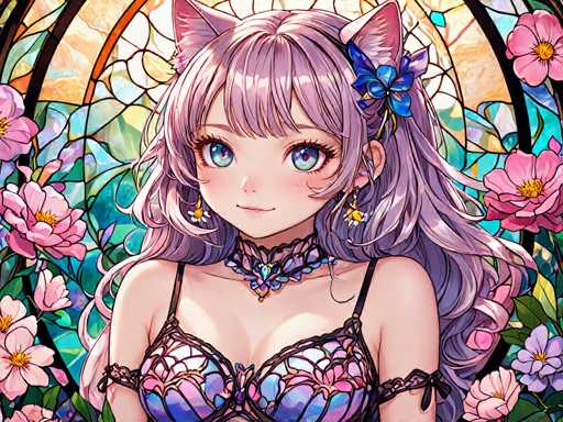 The image depicts a young girl with long hair and blue eyes wearing a purple braided dress adorned with flowers. She is positioned against the backdrop of a stained glass window filled with pink and white flowers, creating an ethereal atmosphere. The girl's gaze is directed towards the camera, adding a sense of connection between her and the viewer.