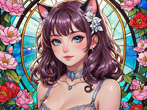 The image depicts a woman with long hair and a flower in her hair wearing a blue dress. She is looking directly at the camera with an expression of sadness on her face. The background features a stained glass window filled with pink flowers, creating a colorful and vibrant atmosphere around the woman.