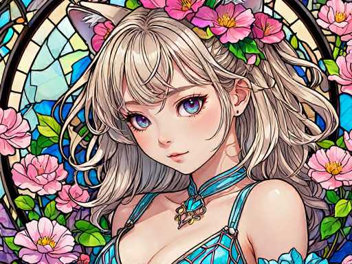 The image depicts a young girl with blonde hair wearing a blue dress and a necklace with a pendant. The background features a stained glass window with pink flowers and green leaves.