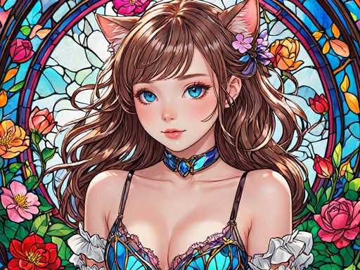 The image depicts a woman with long brown hair and blue eyes wearing a blue dress adorned with white flowers. She is positioned against a backdrop of a stained glass window filled with pink, orange, yellow, green, and purple flowers. The woman's gaze is directed straight at the camera, creating an engaging visual connection between her and the viewer.