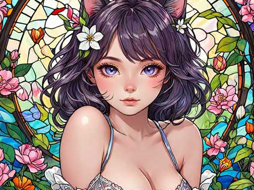 The image depicts a woman with long dark hair wearing a white bra and a blue tank top. She is positioned against a backdrop of a stained glass window filled with pink flowers and green leaves. The colors in the scene are predominantly pink, purple, and green, creating a vibrant and colorful atmosphere.