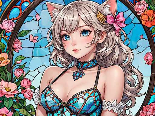 The image depicts a woman with blonde hair and blue eyes wearing a blue dress adorned with gold accents. She is positioned against a backdrop of pink flowers and a stained glass window featuring white roses and other floral designs. The woman's gaze is directed towards the viewer, creating an engaging visual narrative.