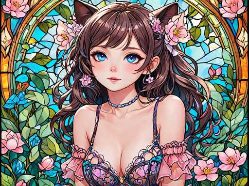 The image depicts a woman with long brown hair and blue eyes wearing a pink braided dress adorned with flowers. The background features a stained glass window with a floral design, adding to the overall aesthetic of the scene.