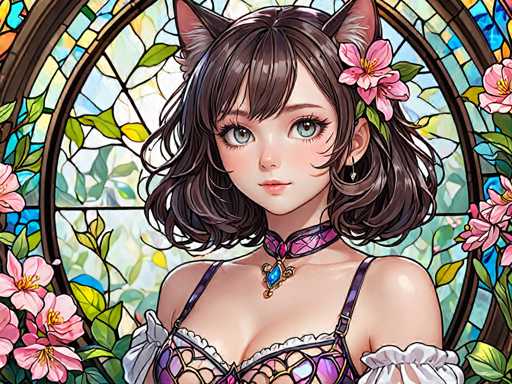 The image depicts a woman with long brown hair and a flower in her hair. She is wearing a purple dress adorned with white lace sleeves and a gold necklace. The background features a stained glass window filled with pink flowers, creating an ethereal atmosphere around the woman.
