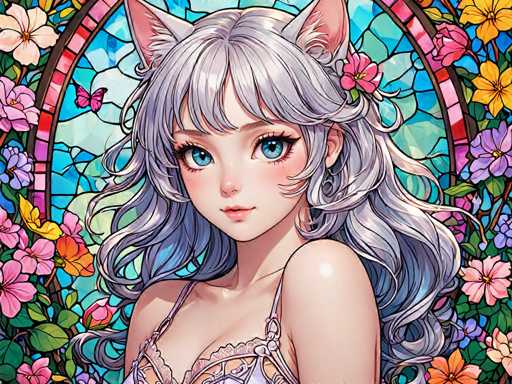 The image depicts a woman with long, flowing hair and blue eyes wearing a white dress adorned with pink flowers. She is positioned against the backdrop of a stained glass window filled with vibrant colors and floral patterns. The overall style of the illustration leans towards realism, capturing the intricate details of the woman's features and the surrounding environment.