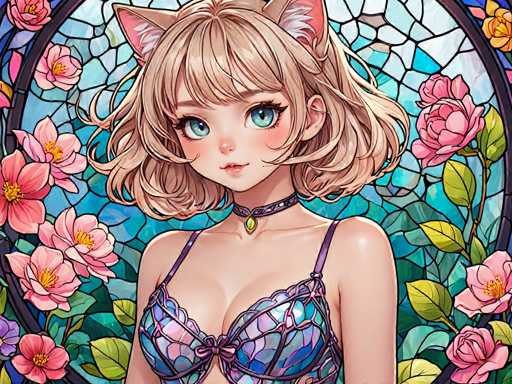 The image depicts a woman with blonde hair and blue eyes wearing a purple braided top and a necklace around her neck. She is standing against a backdrop of pink flowers and green leaves, which suggests an outdoor setting or garden. The style of the illustration appears to be cartoon-like, characterized by exaggerated features and bold colors.