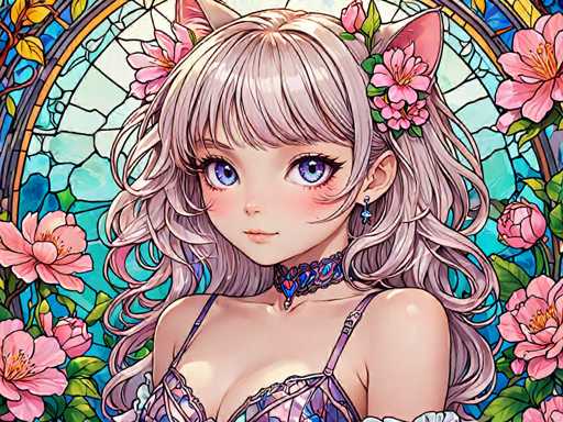 The image depicts a young girl with long blonde hair and blue eyes wearing a purple dress adorned with pink flowers. The background features a stained glass window filled with pink flowers, creating an ethereal atmosphere around the girl.