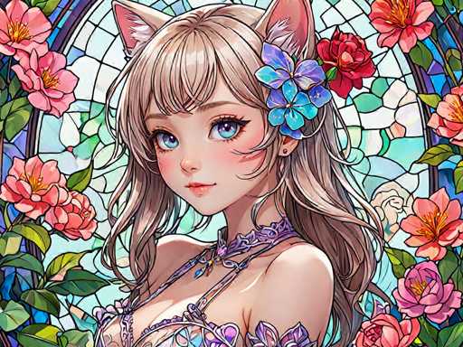 The image depicts a woman with long blonde hair and blue eyes wearing a purple dress adorned with flowers. She is positioned against a backdrop of pink and red flowers arranged in the shape of a stained glass window. The colors of the flowers are predominantly pink and red, creating a vibrant and visually striking scene.