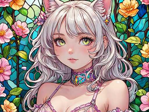 The image depicts a woman with long blonde hair wearing a pink dress and a necklace. She is looking directly at the camera with an expression of sadness on her face. The background features a floral pattern in shades of blue and green, creating a serene atmosphere.