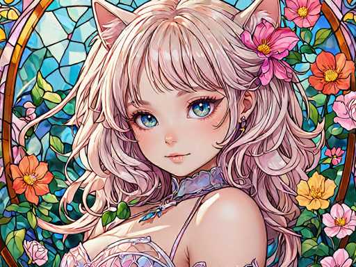 The image depicts an anime character with long blonde hair and blue eyes wearing a pink dress adorned with flowers. The character is positioned against a backdrop of a stained glass window featuring a floral design in shades of pink, orange, and yellow.