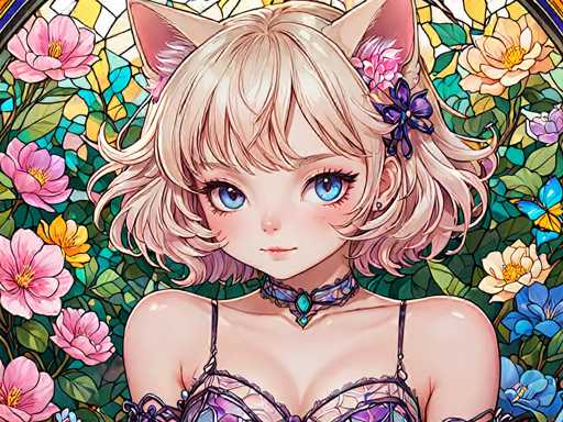 The image depicts a young girl with blonde hair and blue eyes wearing a purple braided dress adorned with flowers. She is looking directly at the camera with an expression of curiosity or interest. The background features a vibrant display of pink and yellow flowers against a green backdrop, creating a sense of depth and complexity to the scene.