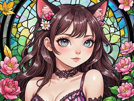 The image depicts a young girl with long brown hair wearing a pink bra and a lacy top. She is looking directly at the camera with an expression of curiosity or interest. The background features a stained glass window filled with flowers in shades of pink and white, creating a vibrant and colorful scene that complements the girl's attire.