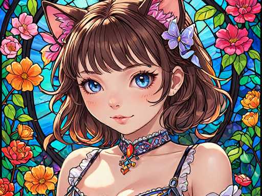 The image depicts a young girl with brown hair and blue eyes wearing a white dress adorned with pink flowers. She is looking directly at the camera with a smile on her face. The background features a stained glass window filled with vibrant colors of red, orange, yellow, green, blue, and purple.
