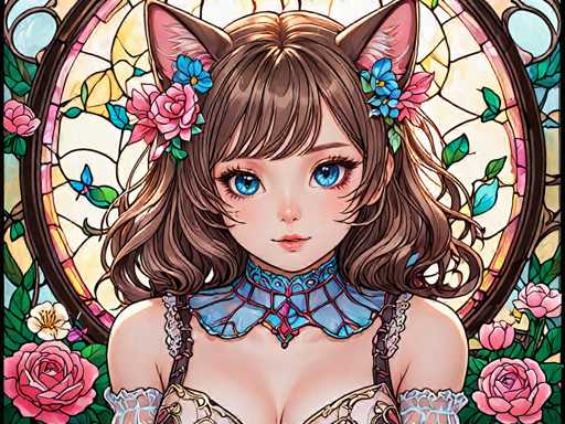The image depicts a woman with long brown hair and blue eyes wearing a necklace of blue and white beads around her neck. She is looking directly at the camera with an expression of curiosity or interest. The background features a stained glass window filled with pink flowers, creating a colorful and vibrant atmosphere.