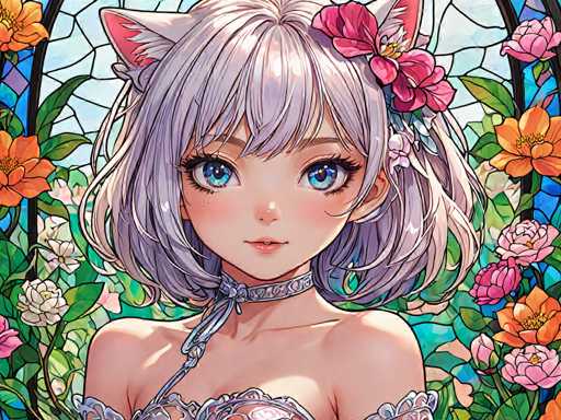 The image depicts an anime character with a white hair color and blue eyes wearing a white dress adorned with pink flowers. The character is positioned against a backdrop of a stained glass window filled with vibrant colors, including shades of orange, yellow, green, and purple.