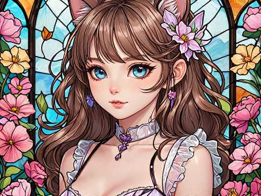 The image depicts a woman with long brown hair wearing a white dress and earrings. She is looking directly at the camera with an expression of concentration or thoughtfulness. The background features a stained glass window filled with flowers in shades of pink, yellow, and green, creating a vibrant and colorful atmosphere around her.