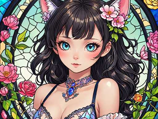 The image depicts a young girl with long dark hair wearing a blue dress and a necklace with blue stones. She is looking directly at the camera with an expression of curiosity or interest. The background features a stained glass window filled with pink flowers, adding to the overall aesthetic appeal of the scene.
