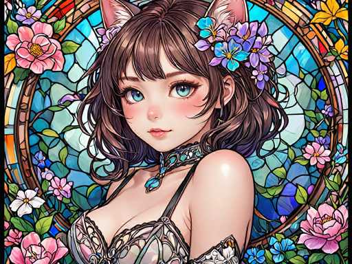 The image depicts a woman with long brown hair and blue eyes wearing a white dress adorned with pink flowers. She is positioned against a backdrop of a stained glass window filled with vibrant colors and intricate designs. The woman's gaze is directed straight at the viewer, creating an engaging visual connection between her and the observer.