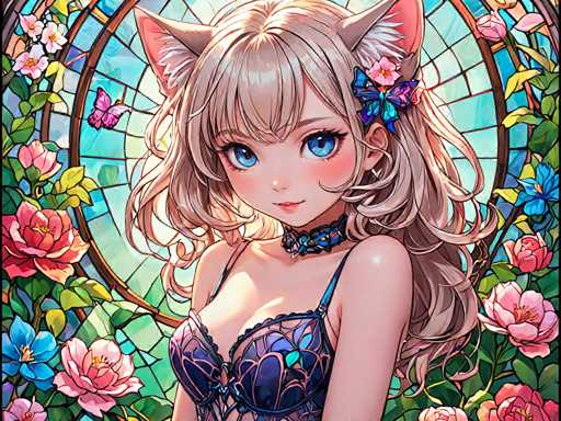 The image depicts a young girl with blonde hair and blue eyes wearing a blue braided dress adorned with flowers. She is standing against a backdrop of a stained glass window filled with pink and purple flowers, creating an ethereal atmosphere around her. The girl's gaze is directed towards the camera, adding a sense of connection between the viewer and the subject.