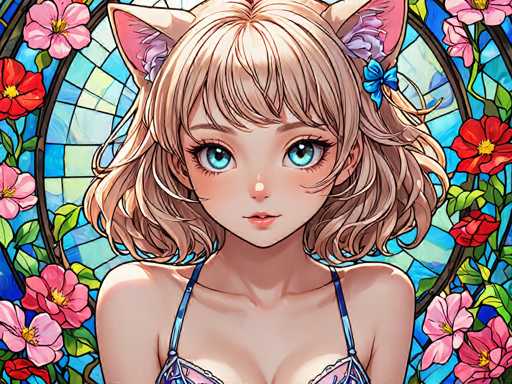 The image depicts a young girl with blonde hair and blue eyes wearing a blue braided top and a pink flower on her shoulder. The background features a stained glass window filled with red flowers and green leaves.