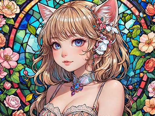 The image depicts a young girl with blonde hair and blue eyes wearing a white dress adorned with pink flowers. She is positioned against a backdrop of a stained glass window filled with pink and orange hues, creating an ethereal atmosphere. The girl's gaze is directed straight at the camera, giving her a captivating presence.