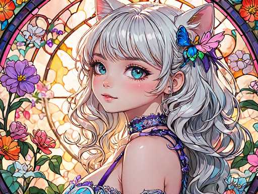 The image depicts a young girl with long blonde hair and blue eyes wearing a purple dress adorned with flowers. She is looking directly at the camera, her gaze meeting the viewer's eye. The background features a stained glass window filled with vibrant colors of pink, orange, yellow, green, and blue, creating an ethereal atmosphere around the girl.