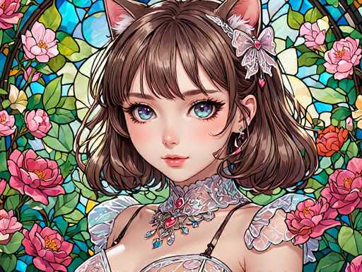 The image depicts a young girl with brown hair and blue eyes wearing a white dress adorned with pink flowers. She is positioned against a backdrop of a stained glass window filled with pink roses and green leaves. The girl's gaze is directed straight at the camera, creating an engaging visual connection between her and the viewer.