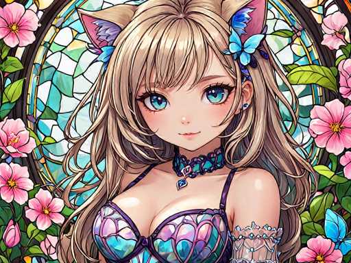 The image depicts a young girl with long blonde hair and blue eyes wearing a purple braided dress adorned with a necklace of blue stones. The background features a stained glass window filled with pink flowers and green leaves, creating an ethereal atmosphere around the girl.