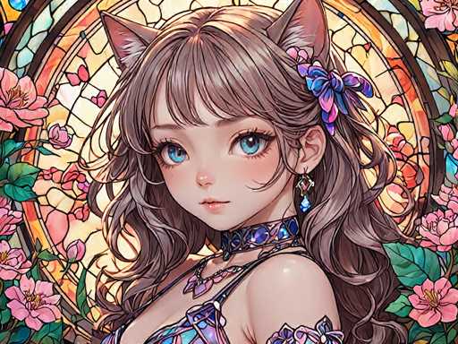 The image depicts an anime character with long brown hair and blue eyes wearing a purple dress adorned with flowers. The character is positioned against a backdrop featuring a stained glass window filled with pink and green hues, creating a vibrant and colorful scene.
