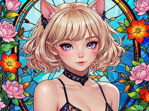 The image depicts a young girl with blonde hair and blue eyes wearing a black top and braided hair. She is looking directly at the camera with an expression of curiosity or interest. The background features a stained glass window filled with pink and orange flowers, creating a vibrant and colorful atmosphere around her.
