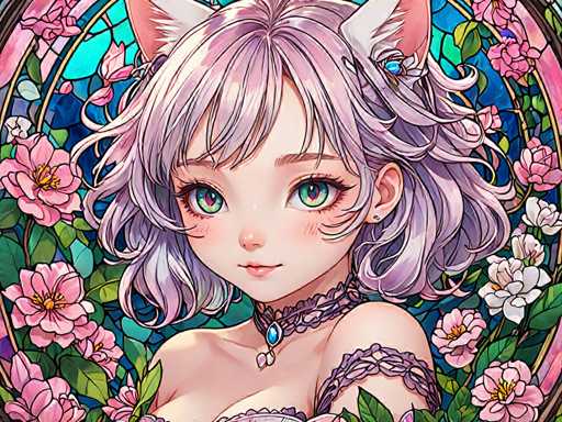 The image depicts a young girl with long hair and blue eyes wearing a necklace and earrings. She is surrounded by pink flowers and leaves, creating an impression of being in a garden or forest setting. The colors used are predominantly pink, white, and green, which contribute to the overall serene and peaceful atmosphere of the scene.