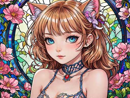 The image depicts a young girl with long brown hair and blue eyes wearing a necklace around her neck. She is looking directly at the camera with an expression of curiosity or interest. The background features a stained glass window filled with pink flowers, creating a colorful and vibrant atmosphere.