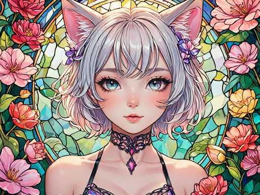 The image depicts a young girl with long hair and blue eyes wearing a black top with a purple braided neckline and a necklace featuring a large pendant. The background is filled with pink and red flowers arranged in a circular pattern, creating an impression of a stained glass window or a floral design.